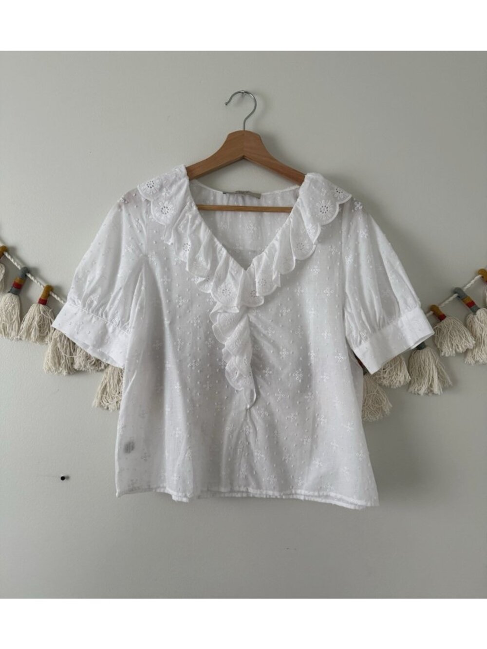 Loft White Eyelet Embroidered Ruffle Puff Sleeve Sheer Top Romantic Cottage XS